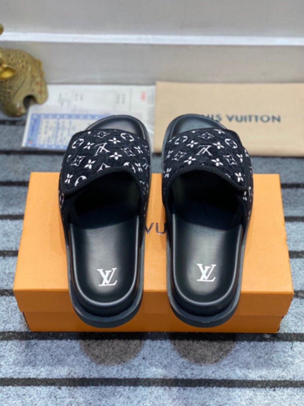 Louis Vuitton Monogram Denim Slide Sandals in Classic Black